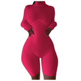 2021 New Arrival Women's Spring Sexy Solid Color Shorts Suit Tight Casual High Cllar Long Sleeve One