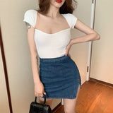 Fongt Wears Square Collar T-Shirt For Women's New Summer Ice Silk In Thin Slimming Small Short-Sleeved
