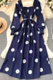Women Polka Dot Dress Spring Autumn Vintage Square Collar Lantern Long Sleeve Casual Long Dresses Ladies High Waist