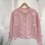Three-Dimensional Rose Round-Neck Knitted Cardigan Autumn And Winter New Loose Lazy Button Sweater Jacket-Outfit