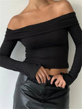 Women Slash Neck Off Shoulder T-shirts Crop Tops Long Flare Sleeve Solid Slim Fit Casual Tees Shirts Streetwear 2023-Outfit