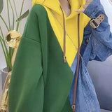 Clothing Denim Patchwork Hooded Sweatshirts Stylish Autumn Winter Korean Casual Loose Contrasting Colors Pockets Tops-Outfit