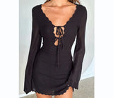 Fongt Women's New Knitted Tying Dress With Long Sleeves And Hip Mini Skirt