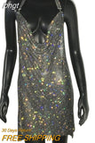 Crystal Rhinestone Drape Backless Dress 2023 NEW Mesh Sequin Bodycon Club Halter 2 Slits Evening Party Christmas Mini