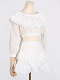 Fongt Spring Fashion New Elegant Lace Lotus Side Shoulder Shirt + Folded Skirt Suit
