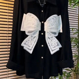 Women's Clothing Fashion Bow Lace Patchwork Blouse Sweet Commute Chic Single-breasted Spring Autumn Korean Polo-Neck Loose Shirt-Outfit