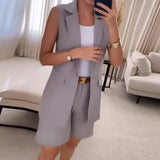 Fongt Summer New Cross-Hot Style Women's Solid Color Lapel Temperament Commuter Shorts Two-Piece Set-Outfit