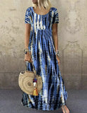 Fongt Summer Dress Wish Round Collar Short Sleeve Tie-Dye Print Skirt Big-Outfit