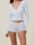 Women Pajama Sets 2pcs Loungewear Suits Solid Long Sleeve V-Neck T-shirts Crop Tops and Lace Shorts Sleepwear Outfits-Outfit