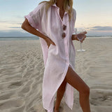 Fongt 874 Spot Women's Ins Wind Solid Color Casual Long Sleeve Long Cotton Linen Shirt Dress-Outfit