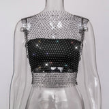 Fongt Nightclub Dresses Fishnet Hollow Out Rhinestone Vest Mesh Flash Diamond Sling Top