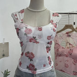 Fang Collar Broken Flower Mesh Flying Sleeve With Breast Pad Sling Vest Short Umbilly Sleeveless Top Lady