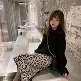 early spring new long slit knitted leopard skirt women high waist knitted