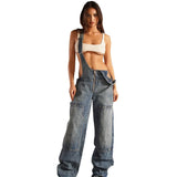 Fongt Women's Denim Cloth Jumpsuit Women's Street Multi-Pocket Strap Pants Loose Waist Straight Pants
