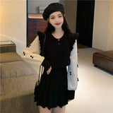 Fongt Spring Splicing Bubble Sleeve Knitted Sweater Women's Season Design Sense Niche Lotus Side Long Sleeve