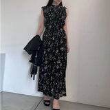 Broken Flower Dresses Women Stand Collar Flying Sleeve Dress Spring Summer Vestidos Mujer Tunic Vestido Lace Up Bow Ropa-Outfit