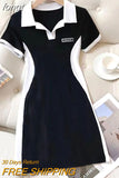 Summer Basics High Street Short Sleeve Turn-Down Collar Patchwork Golf Dresses Women's Causal High Waist Knitting