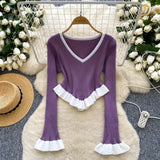 Fongt Striped Knitted Shirt Autumn Lotus Side Hem Horn Sleeves Slimmed Out Of The Bottom Coat