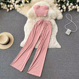 Fongt Strapless Short Top High Waist Casual Loose Wide Leg Pants-Outfit