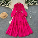 Fongt Style Dress Summer Dress Women's Heavy Industry Hollow Lace Splicing Long French Lantern Sleeve Dress