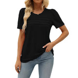 Fongt Women's Summer Round-Neck Short-Sleeved Chest Tuck Line Folded Blouse T-Shirt