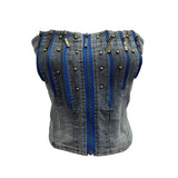 Fongt Shooting Retro Do Old Zipper Niche Vest Rivet Water Wash Denim Braid Short Open Shirt Wrapped Brae 8901
