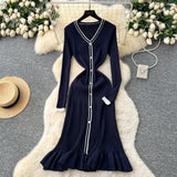 Fongt Small-Sized Famous Woman Hit The Color V-Neck Long Sleeve Single Buckle Waist Knitted Dress Women With Fish Tail