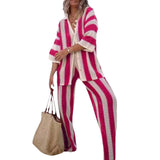 Fongt Women's Fashion 2025 Fashion V-Neck Collidered Striped Shirt Loose Broad Leg Trousers Knitted Set