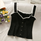 New Ice Silk Knitted Vest Female Korean Version V-Neck High-Waist Short Lace Spliced Solid Color Sling