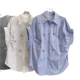 Fongt High-Stock Design Feeling Heavy Industry Nail Embroidery Shirt Loose Apparent Thin Age Shirt Shirt Women Short Sleeves