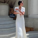 Fongt Summer New Women's Pure Color Collar Simple Long Dress
