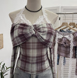 Lace Hanging Neck Shoulder Mesh Yarn Long-Sleeved Top Design Y2k Short Repair T-Shirt