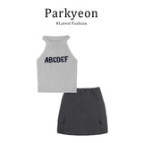 Fongt Girl Grey Letters Hanging Neck Suspension Vests Loose Sun T-Shirt Packed Three-Piece Dress