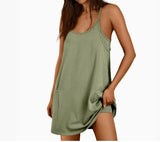 Fongt Summer Solid Sleeveless Dress Fine Shoulder Strap Vest Skirt Sports Skirt Pocket