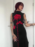 Fongt Temperament A Rose Print Bumpy Color Sexy Dew Height Collar Sleeveless High Open Skirt Dress Long