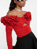 2023 New Women's Red Black Short Off Shoulder Stretch Sexy Pleated Hollow out Flower Top Long Sleeve Off Shoulder