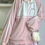Patchwork Hoodie Sweatshirt Girl Zip Up Women Loose Punk Hip Hop Tops Cute Funny Oversize Korean High Street Bear
