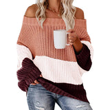 Fongt And Winter Women's One Word Collar Loose Splicing Color Knit Jumper Sweater