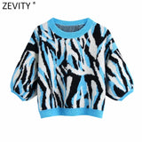 Women Fashion Color Match Animal Pattern Short Jacquard Knitting Sweater Female Chic Lantern Sleeve Pullovers Tops