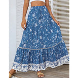 Beach Skirts Women High Waist Lace Ruffles Long Skirt Big Hem Floral Printing Casual Holiday Clothing