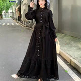 Fongt Small Vintage Hollow Lace Splicing Strap Belt Lantern Sleeve Dress Female Court Long Dress
