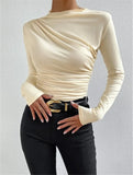 Fongt Solid Color Trim Bottom Shirt Folding Design Long-Sleeved T-Shirt Lady Top