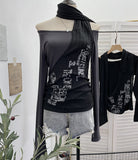Fongt Hottie Side Hanging Neck Scarf Print Knitted Top Design Embody T-Shirt 2786