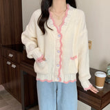 Long-Sleeved Knitted Cardigan V-Collar Warm Soft Style Design Feeling First Love Blouse Female Pink Soft Waxy Coat Autumn-Outfit