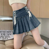 Chic Blue Denim Skirt for Women 2024 Summer New High Waist A-line Skirts Y2k E-Girl Drawstring Bow Faldas Mujer-Outfit