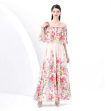 Fongt Spring New Holiday Style Printed Lotus Leaf Dress Women's Shoulder To Show Thin Spuny Chiffon Skirt