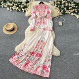 Fongt Dress Dress Woman 2025 New French Waist Bubble Sleeve Print Top High Waist Swing Long Skirt