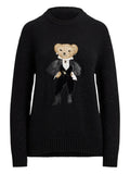 Fongt 2025 New Women's Bear Embroidered Cartoon Loose Version Of Heavy Industry Round-Neck Knitted Sweater