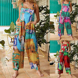 Women Casual Floral Print Strappy Dungarees Vintage Cotton Linen Loose Party Long Harem Overalls Rompers