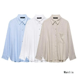 Fongt Spring New Women's Pocket Flax Simple Long Sleeve Clip Shirt 8372058